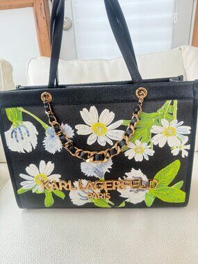 NWT KARL LAGERFELD BLACK SAVOIE FLORAL LARGE SHOULDER BAG TOTE PURSE $428